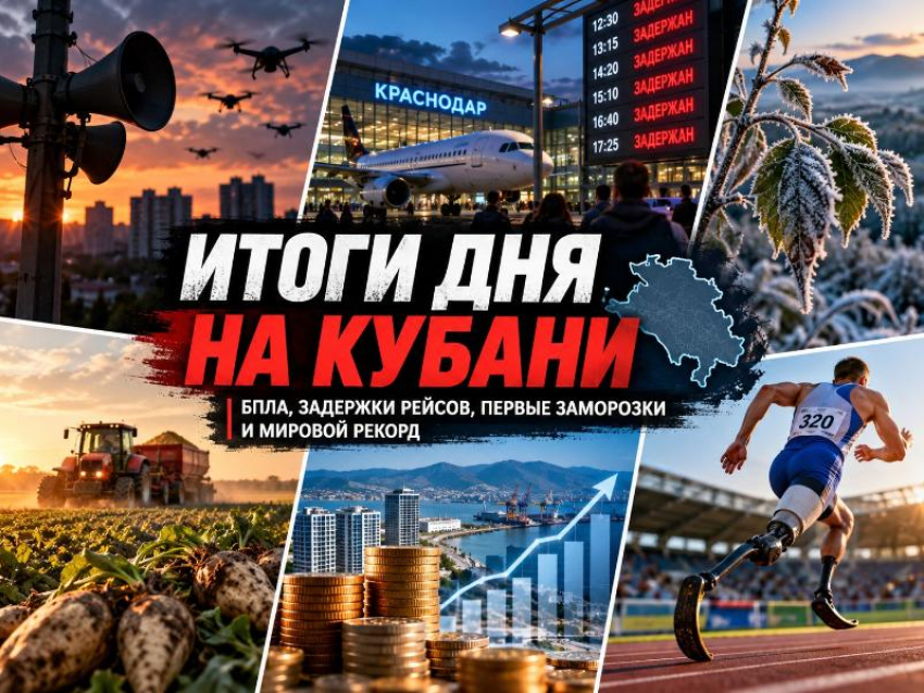 Итоги дня на Кубани: атаки БПЛА, задержки рейсов, первые заморозки и мировой рекорд