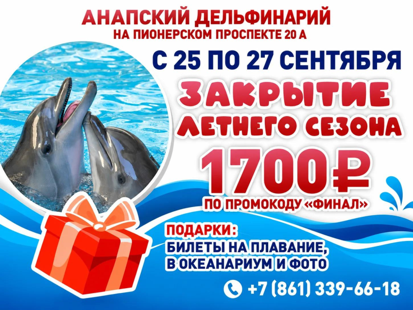«Закрытие летнего сезона» в дельфинарии Анапы: билеты по промокоду и подарки на шоу! 