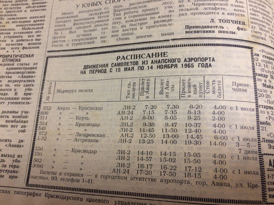 В 1965 году анапчане могли попасть в Краснодар менее, чем за час
